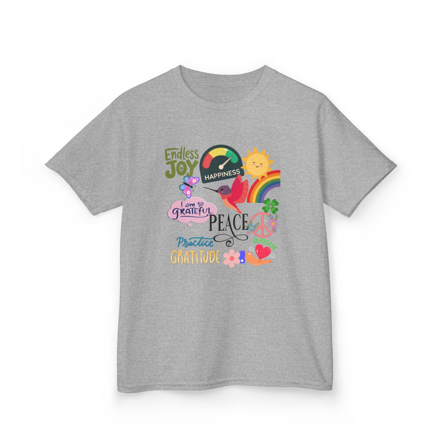 Kids T-Shirt — Colorful Peace & Joy Graphic Tee (rainbow, sun, peace signs)