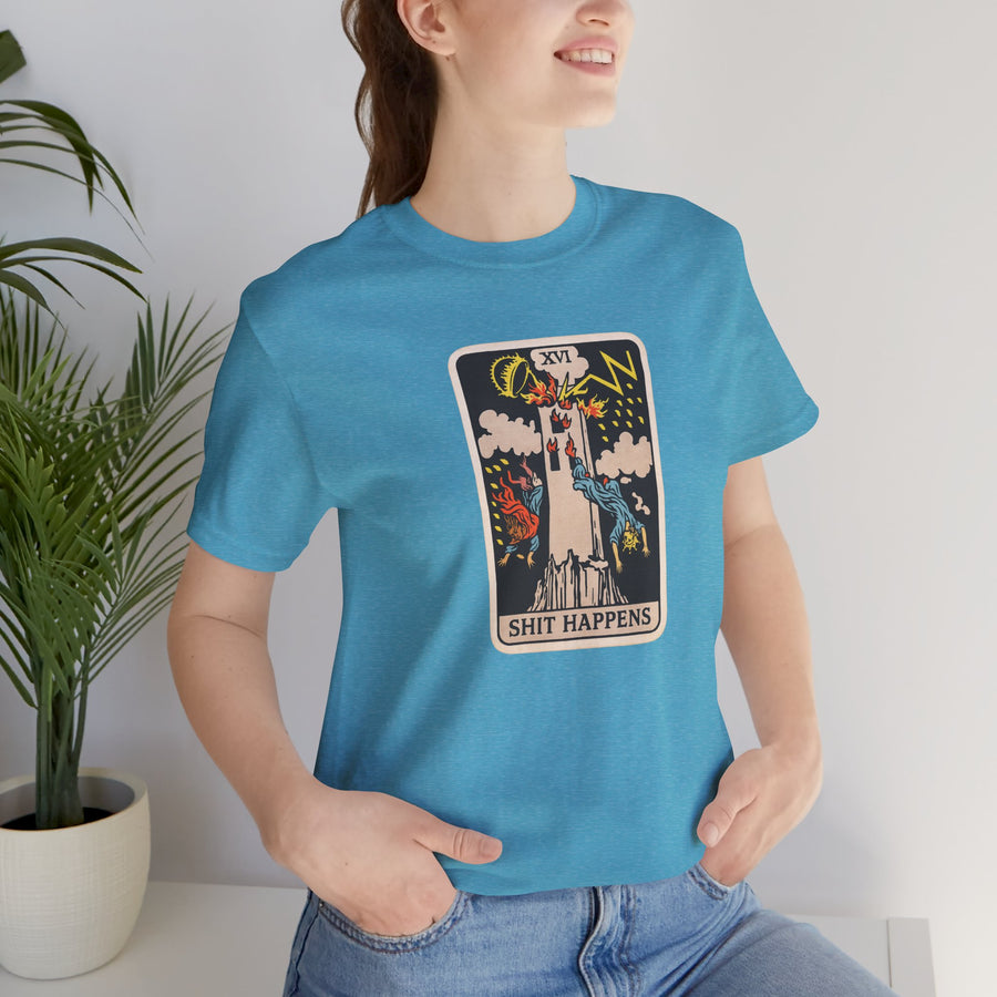 Tower Card Tarot-Style 'S#$% Happens' Graphic Tee — Lightning Tower Novelty T-Shirt