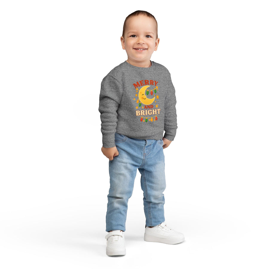 Merry and Bright Moon Toddler Sweatshirt | Christmas Lights Holiday
