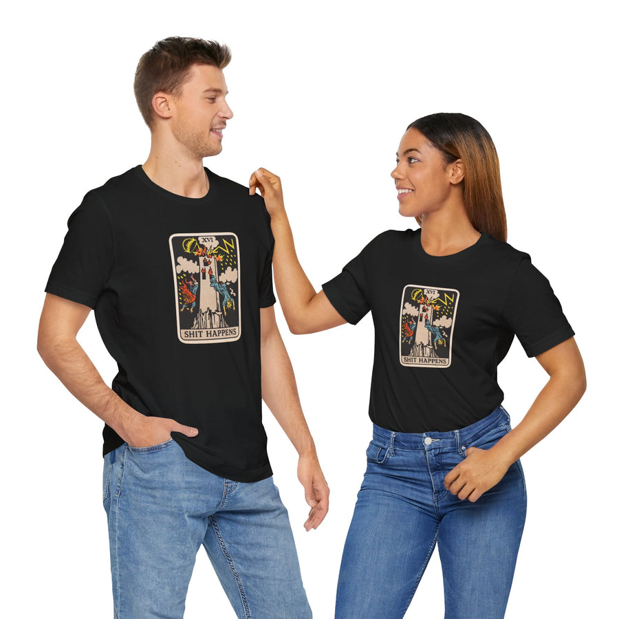 Tower Card Tarot-Style 'S#$% Happens' Graphic Tee — Lightning Tower Novelty T-Shirt