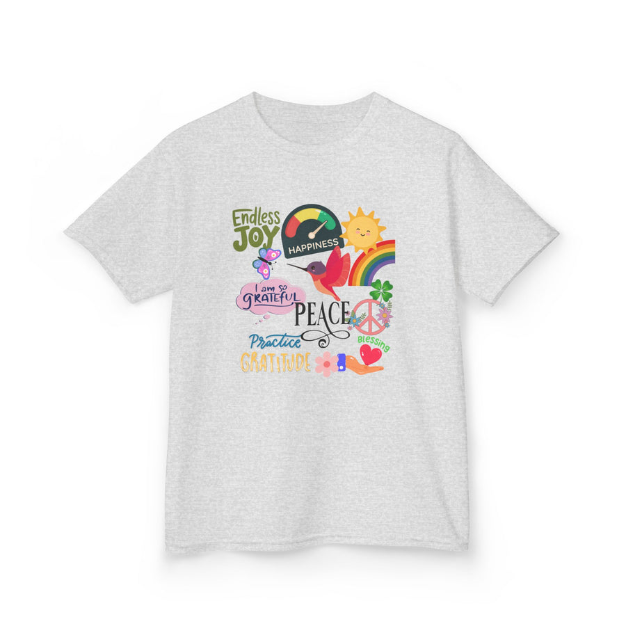 Kids T-Shirt — Colorful Peace & Joy Graphic Tee (rainbow, sun, peace signs)