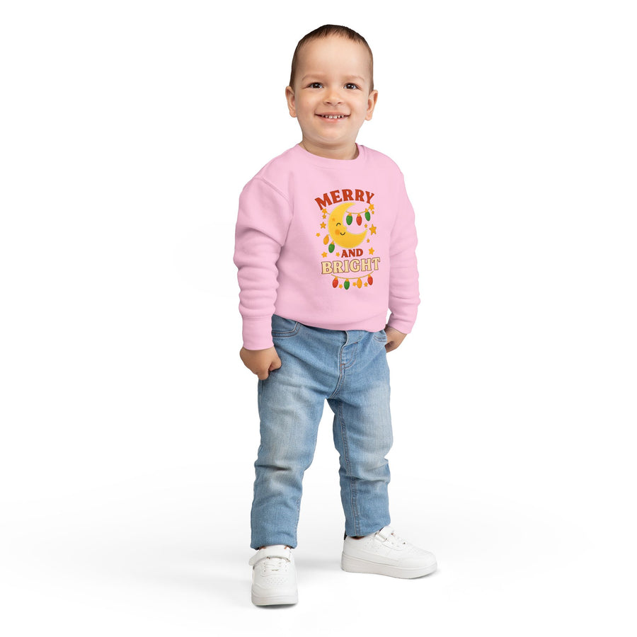 Merry and Bright Moon Toddler Sweatshirt | Christmas Lights Holiday