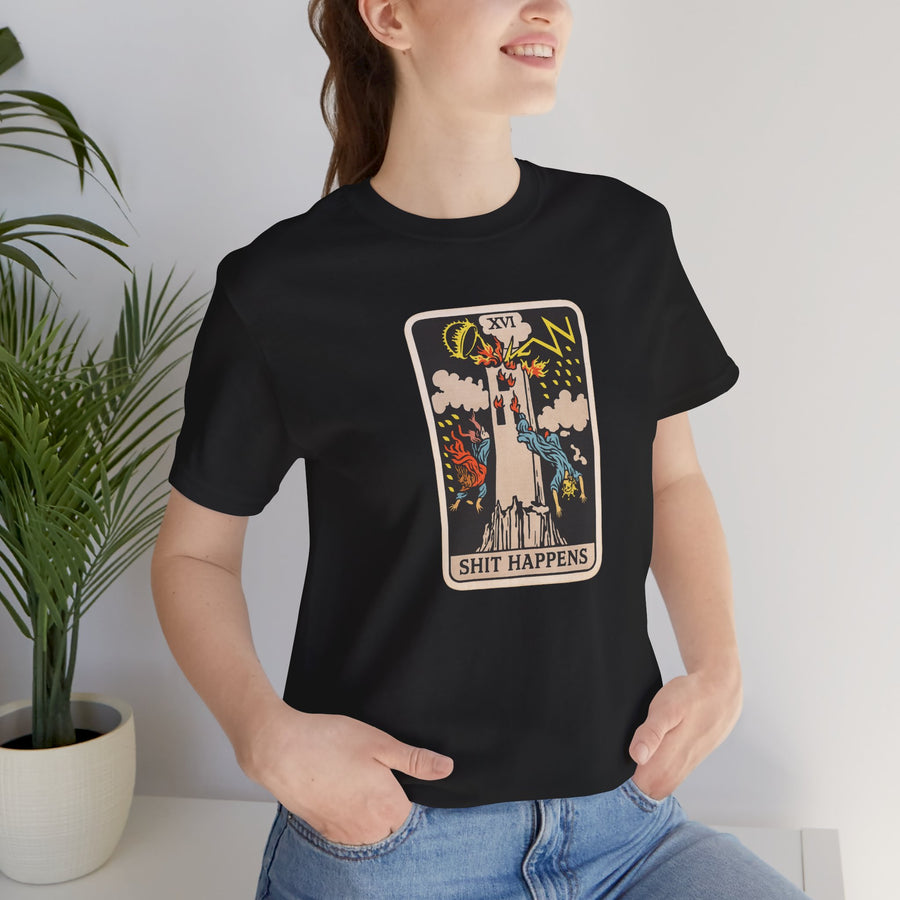 Tower Card Tarot-Style 'S#$% Happens' Graphic Tee — Lightning Tower Novelty T-Shirt