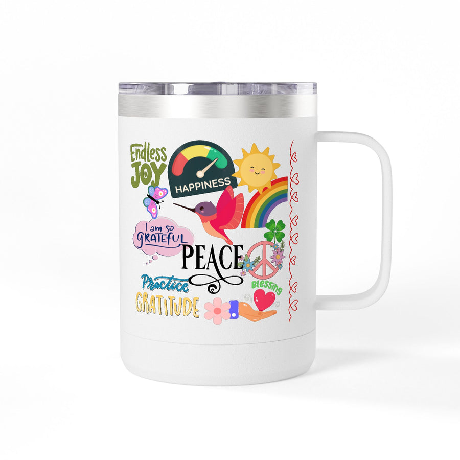 Peace & Gratitude 15oz Tumbler Mug — Happiness, Joy & Gratitude Sticker Collage