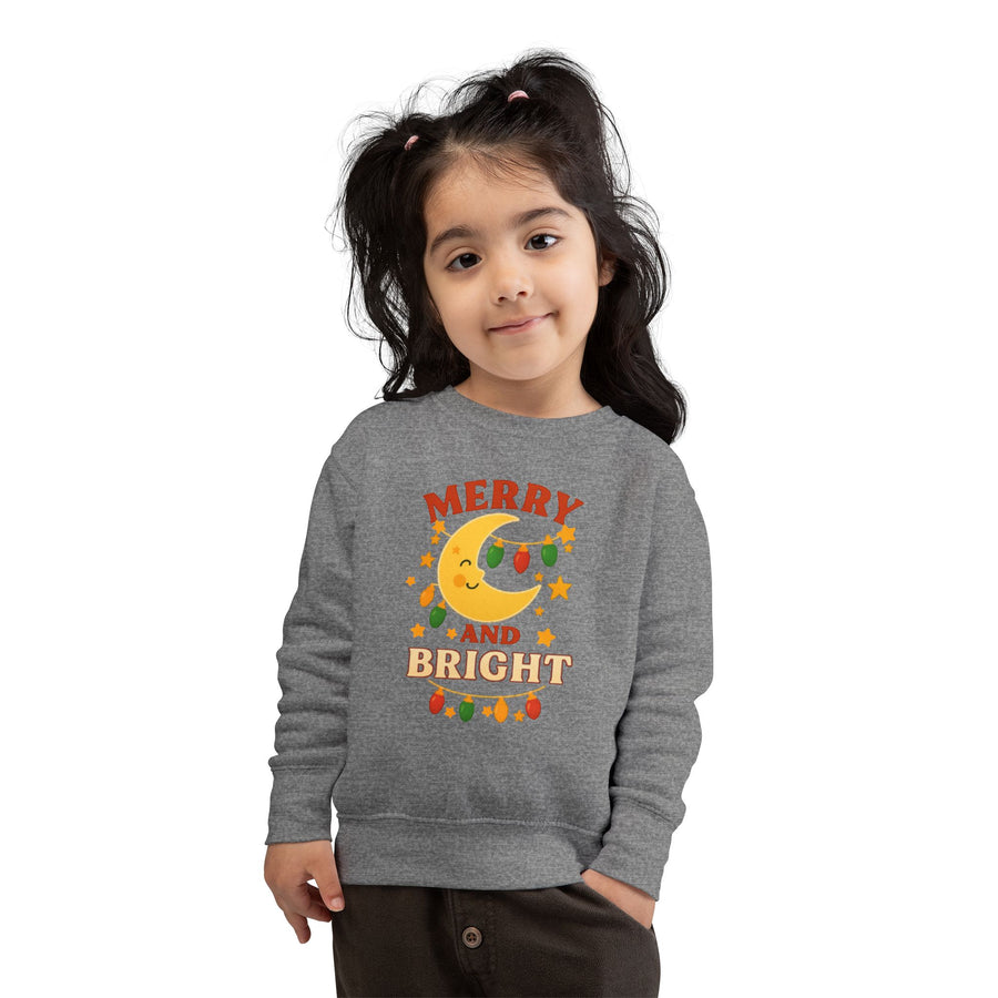 Merry and Bright Moon Toddler Sweatshirt | Christmas Lights Holiday