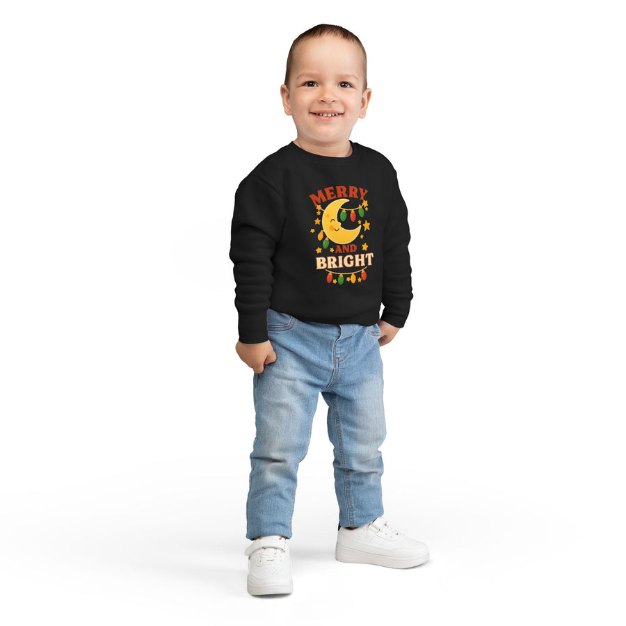 Merry and Bright Moon Toddler Sweatshirt | Christmas Lights Holiday