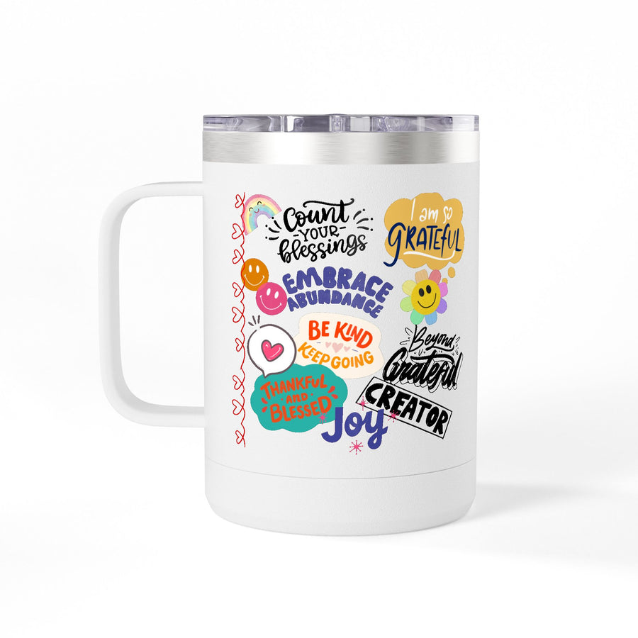 Peace & Gratitude 15oz Tumbler Mug — Happiness, Joy & Gratitude Sticker Collage