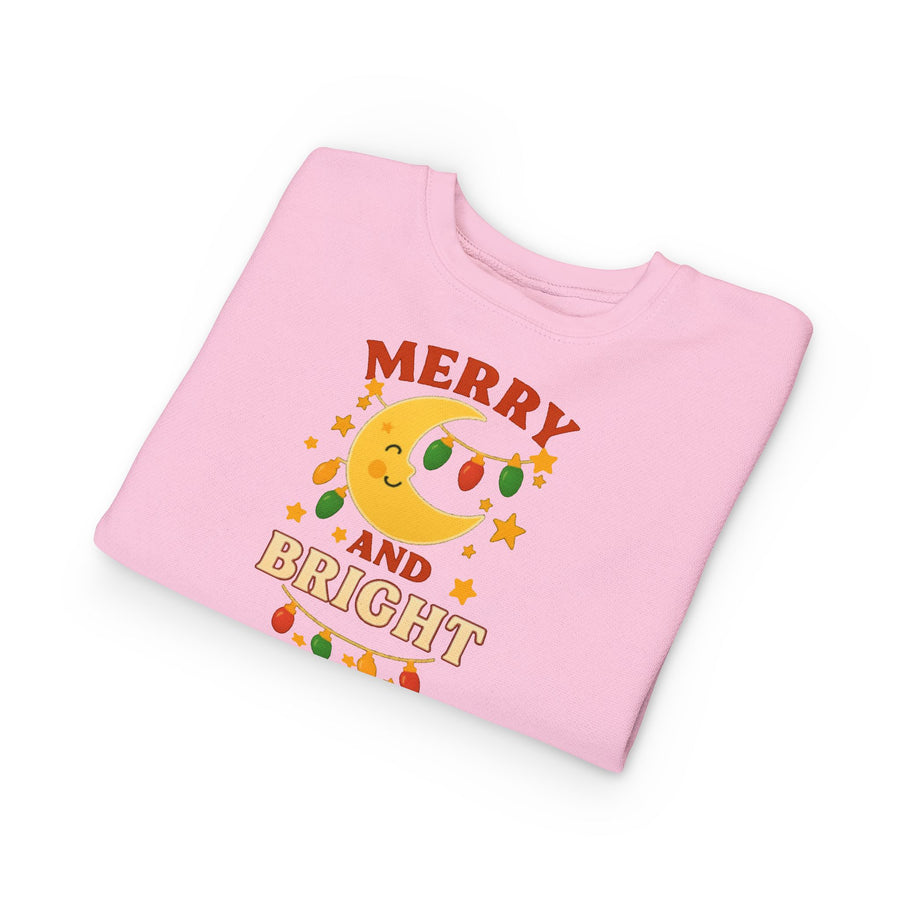 Merry and Bright Moon Toddler Sweatshirt | Christmas Lights Holiday