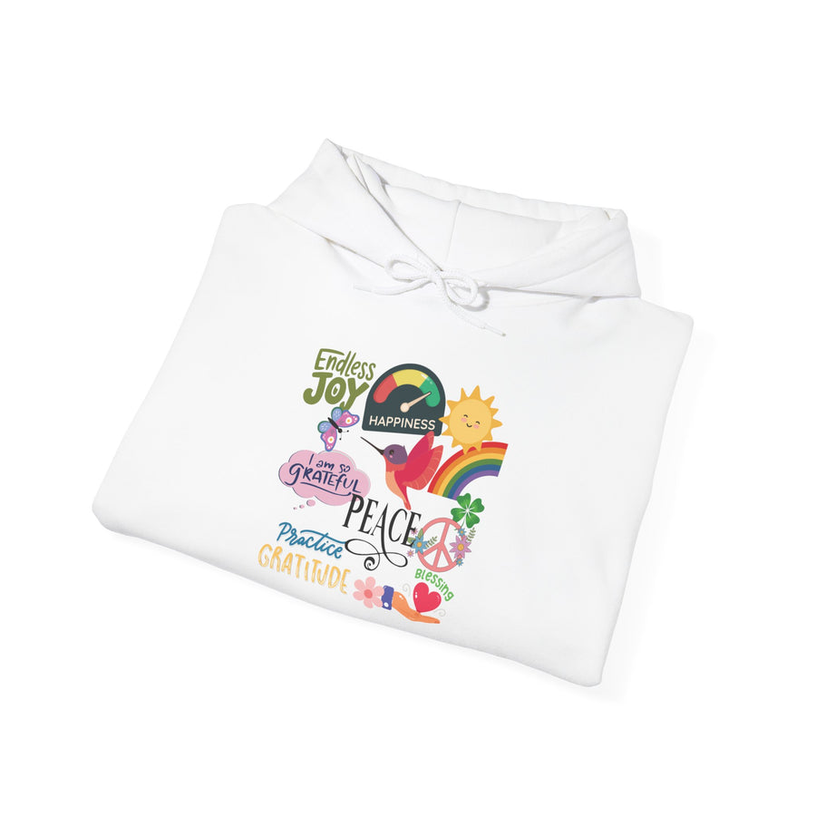 Peace, Joy & Gratitude Hoodie — Positive Vibes Graphic Hooded Sweatshirt
