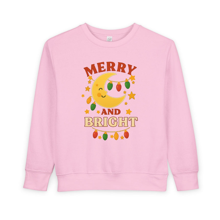 Merry and Bright Moon Toddler Sweatshirt | Christmas Lights Holiday