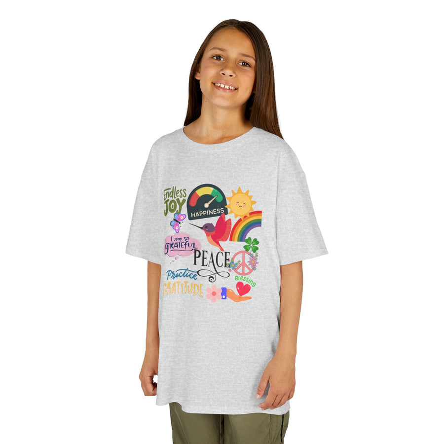 Kids T-Shirt — Colorful Peace & Joy Graphic Tee (rainbow, sun, peace signs)