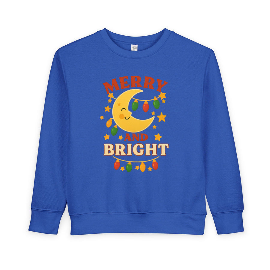 Merry and Bright Moon Toddler Sweatshirt | Christmas Lights Holiday