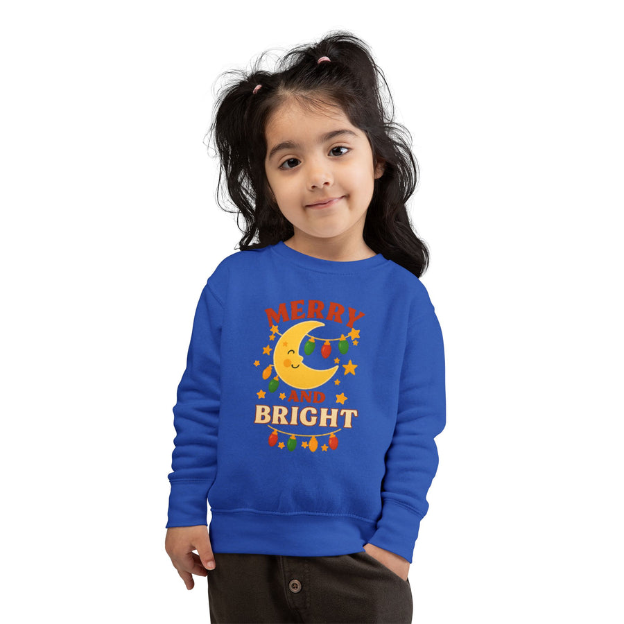 Merry and Bright Moon Toddler Sweatshirt | Christmas Lights Holiday