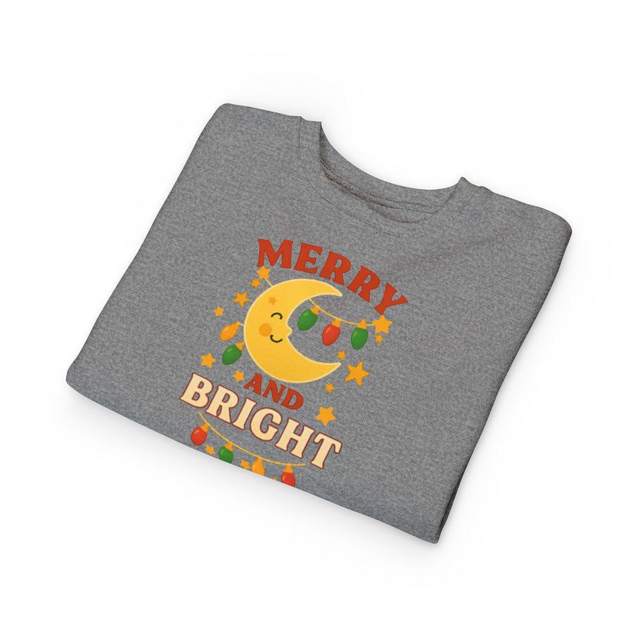 Merry and Bright Moon Toddler Sweatshirt | Christmas Lights Holiday