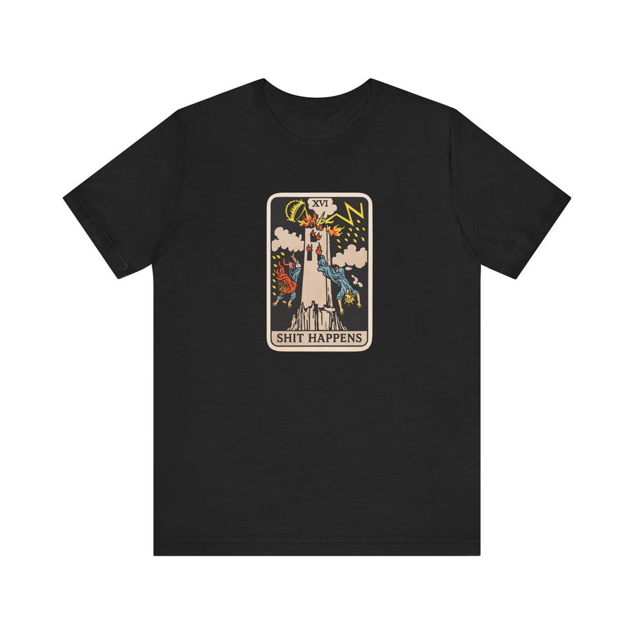 Tower Card Tarot-Style 'S#$% Happens' Graphic Tee — Lightning Tower Novelty T-Shirt