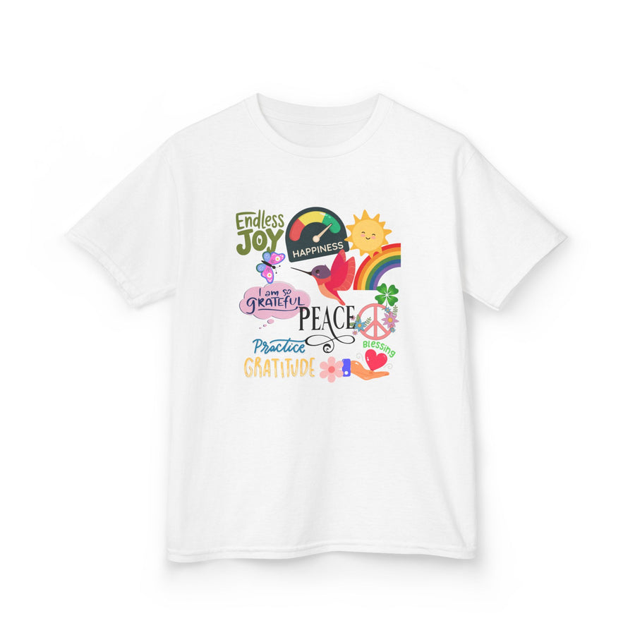 Kids T-Shirt — Colorful Peace & Joy Graphic Tee (rainbow, sun, peace signs)