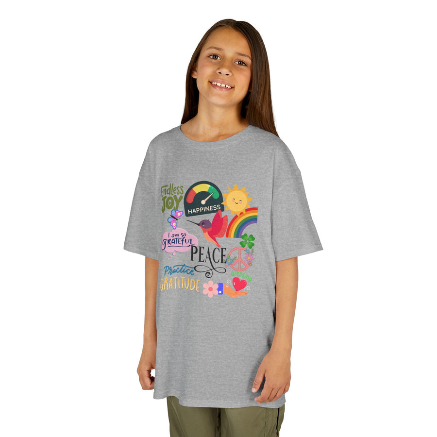 Kids T-Shirt — Colorful Peace & Joy Graphic Tee (rainbow, sun, peace signs)