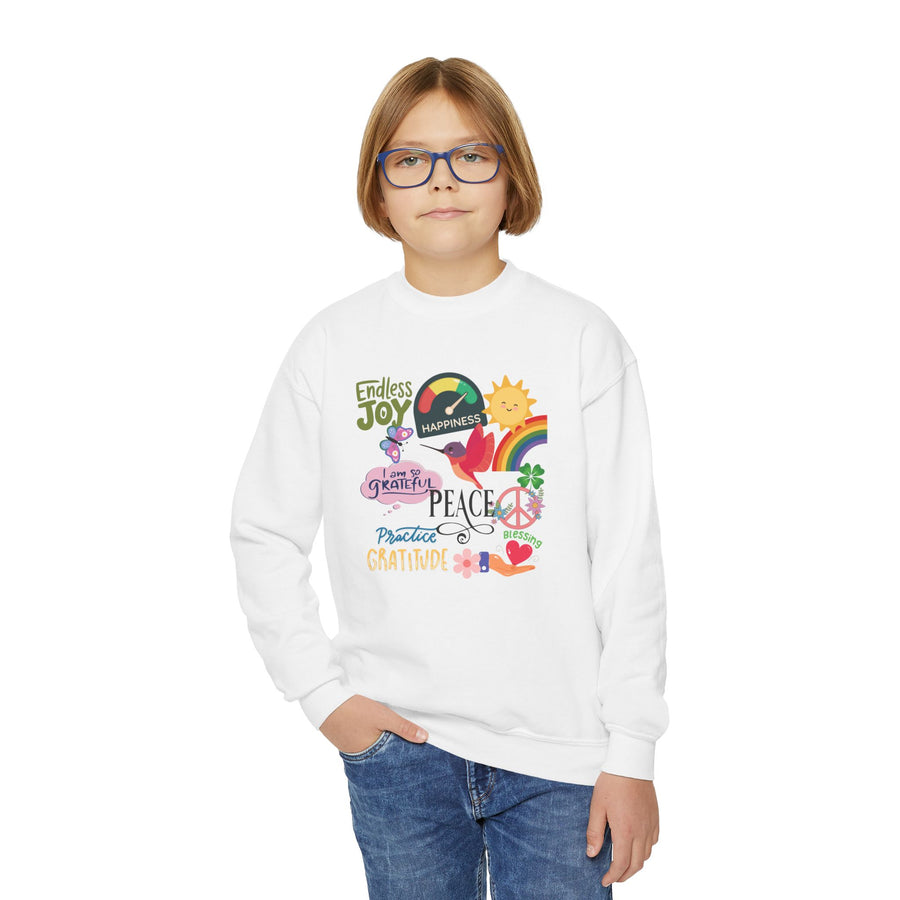 Peace Love Rainbow collage Youth Crewneck Sweatshirt | Positive Words, Sunshine, Peace Sign