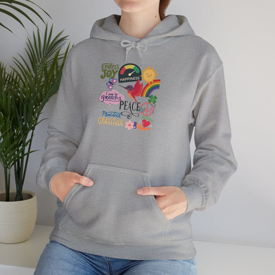 Peace, Joy & Gratitude Hoodie — Positive Vibes Graphic Hooded Sweatshirt