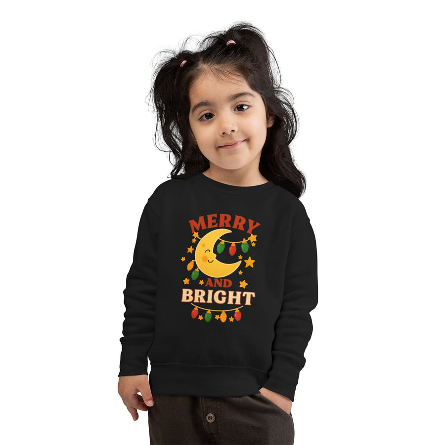 Merry and Bright Moon Toddler Sweatshirt | Christmas Lights Holiday