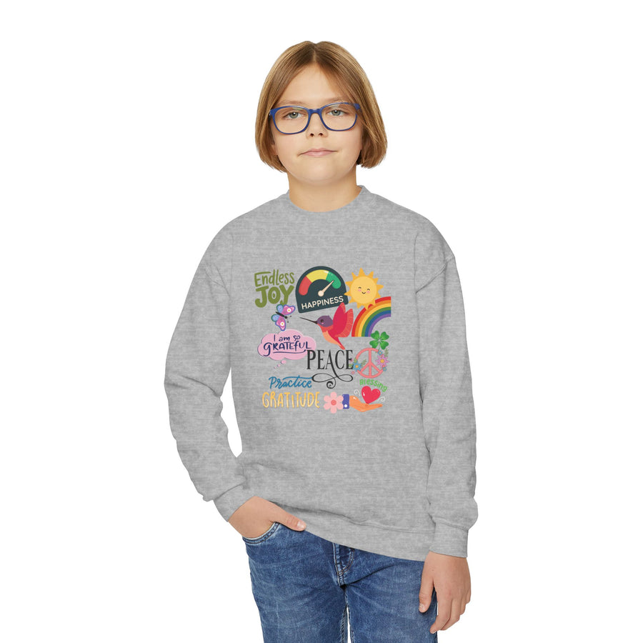 Peace Love Rainbow collage Youth Crewneck Sweatshirt | Positive Words, Sunshine, Peace Sign