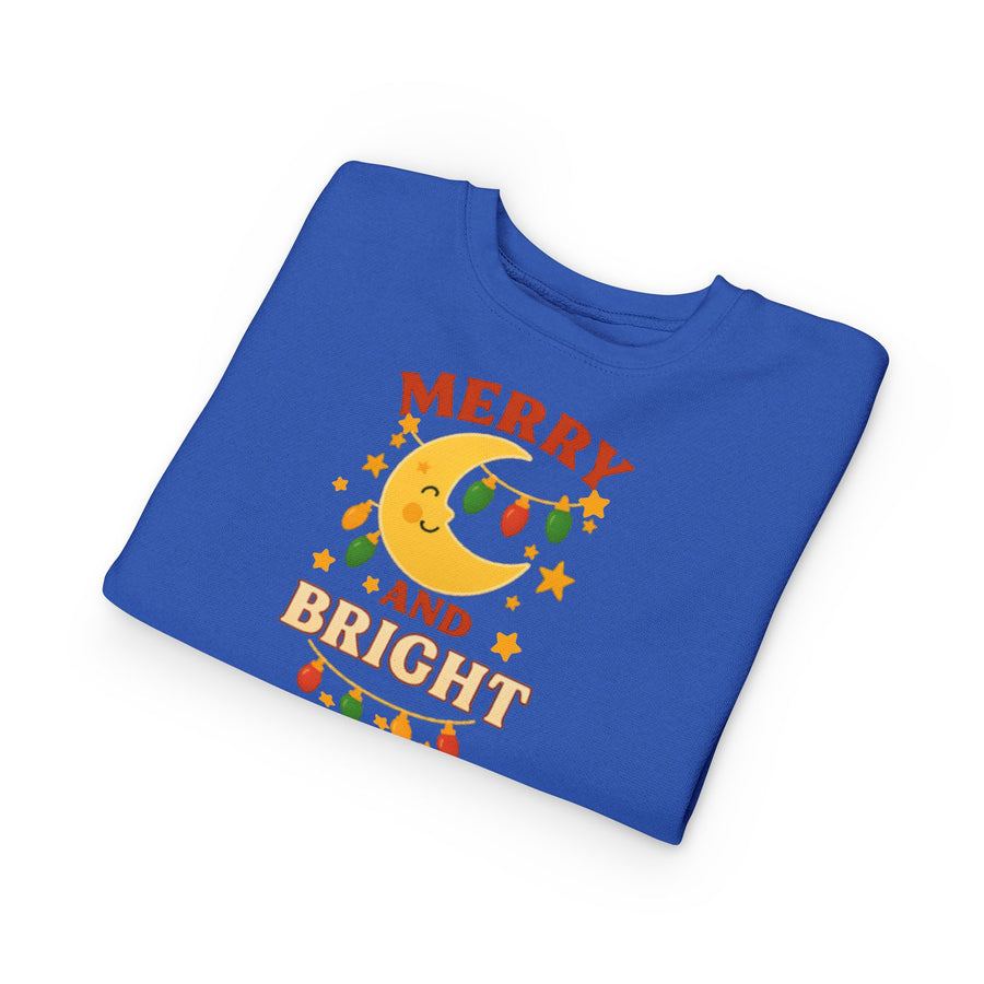 Merry and Bright Moon Toddler Sweatshirt | Christmas Lights Holiday