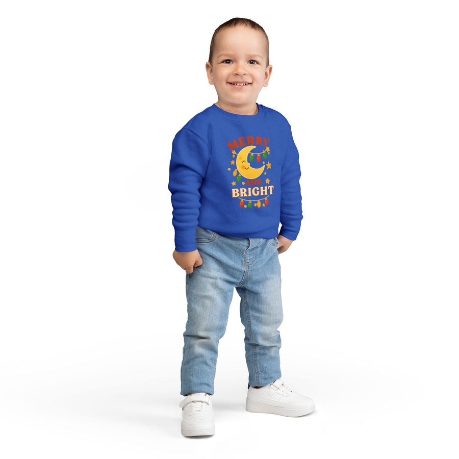 Merry and Bright Moon Toddler Sweatshirt | Christmas Lights Holiday