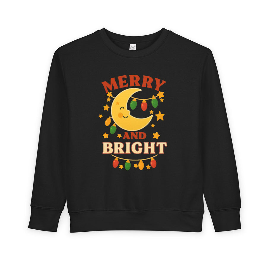 Merry and Bright Moon Toddler Sweatshirt | Christmas Lights Holiday