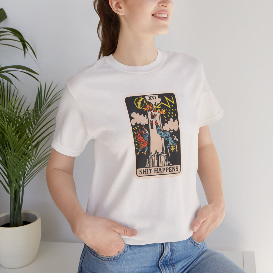 Tower Card Tarot-Style 'S#$% Happens' Graphic Tee — Lightning Tower Novelty T-Shirt