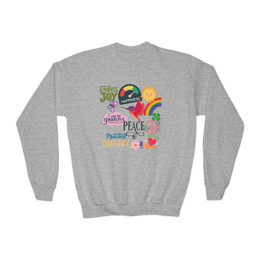 Peace Love Rainbow collage Youth Crewneck Sweatshirt | Positive Words, Sunshine, Peace Sign