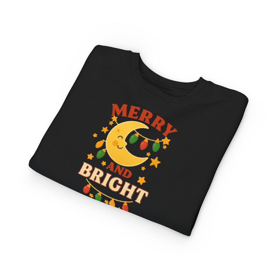 Merry and Bright Moon Toddler Sweatshirt | Christmas Lights Holiday
