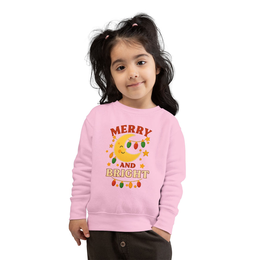 Merry and Bright Moon Toddler Sweatshirt | Christmas Lights Holiday
