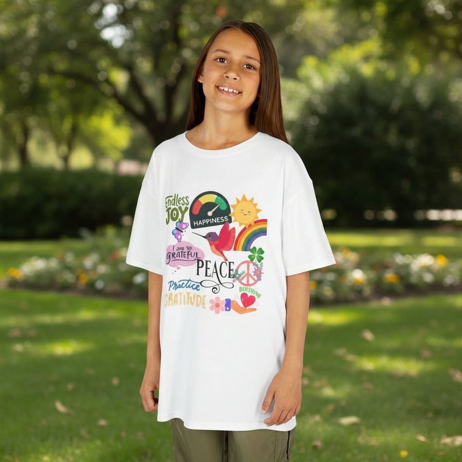 Kids T-Shirt — Colorful Peace & Joy Graphic Tee (rainbow, sun, peace signs)