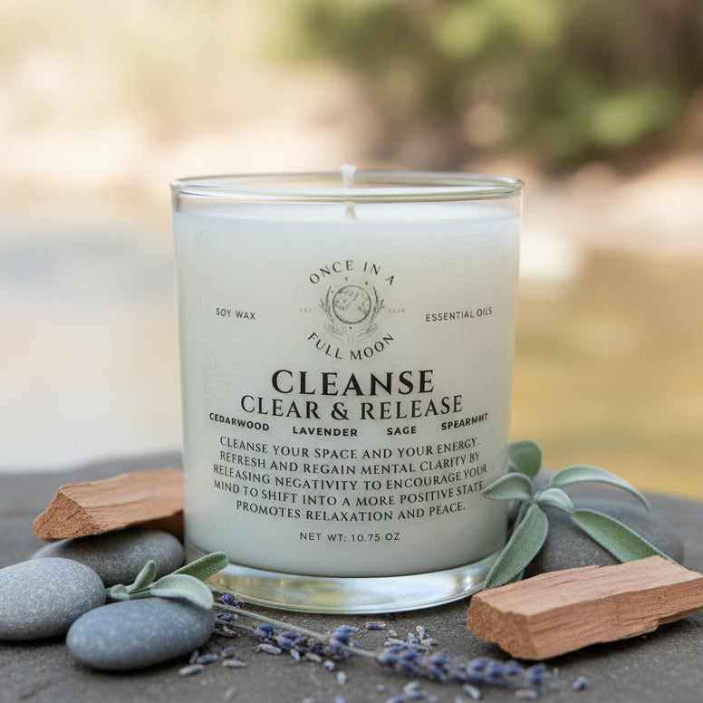 Cleanse Clear and Release Soy Wax Candle Essential Oil Sage Gemstones